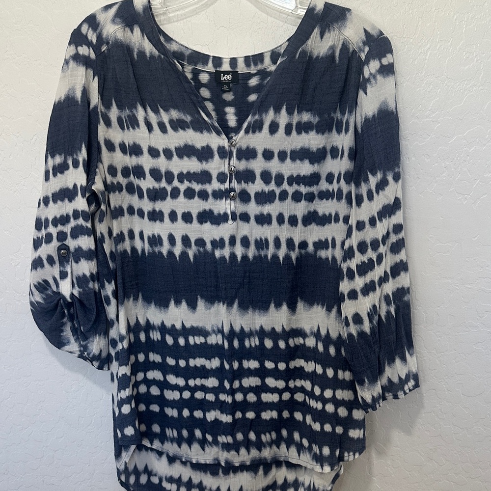 Lee Women's Navy White Striped Blouse women’s XL top blouse tie dye roll‎ tab